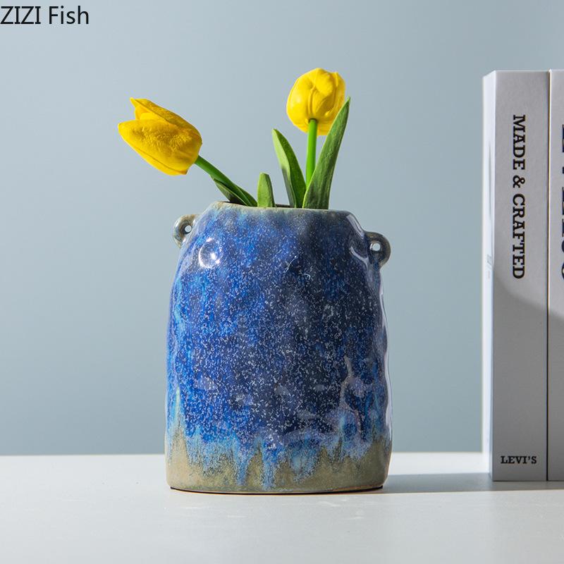 Blue Painted Ceramic Vase Plant Pots Table Decoration Creative Flowers Arrangement Decorative Floral Vases Room Aesthetic Decor