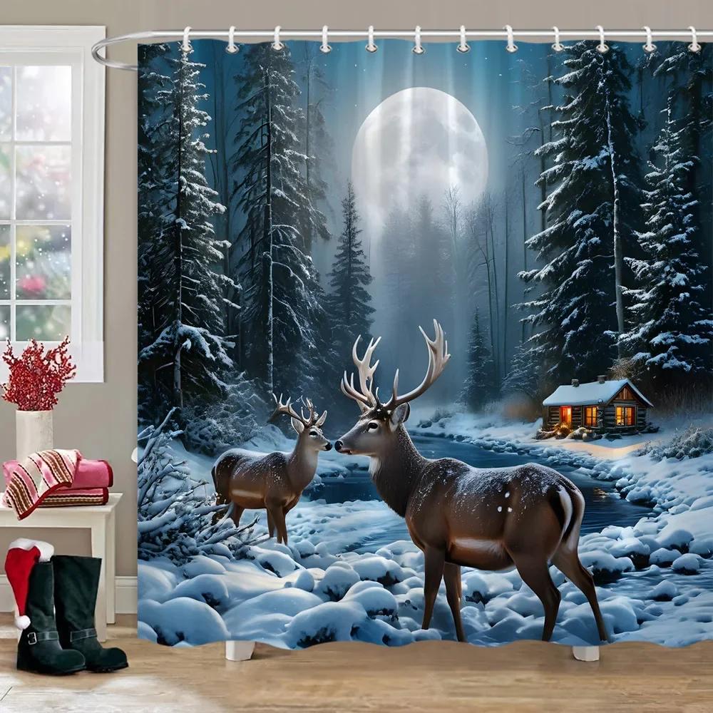 Winter Snow Forest Deer Shower Curtain Christmas Nature Landscape Christmas Gift Polyester Fabric Shower Curtains Bathroom Dec