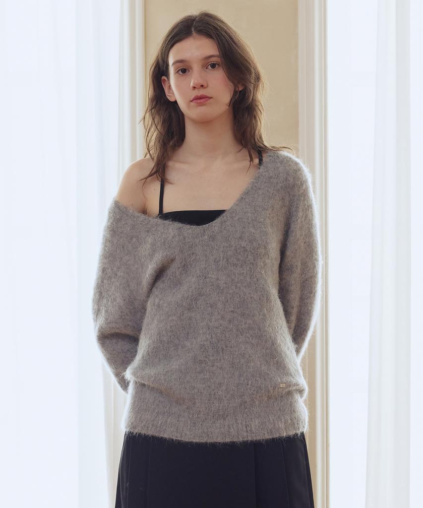 AFTERHOURS Deep V-Neck Alpaca Wool Knit Top (Melange Grey)