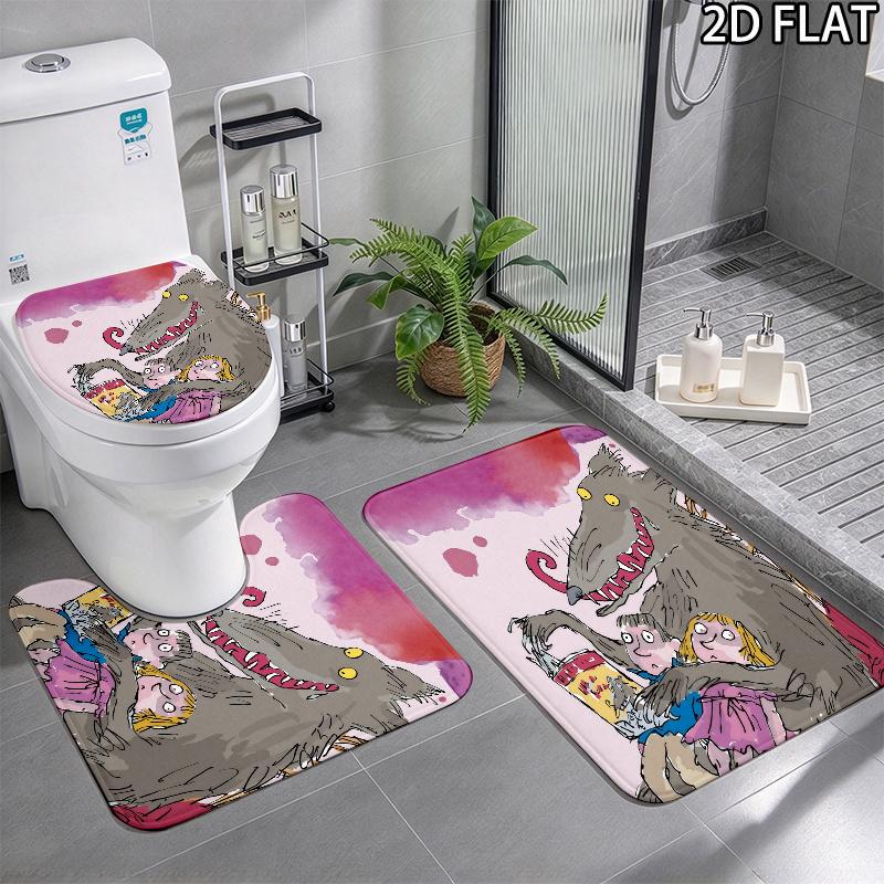 3pcs Revolting Rhymes Pattern Flannel Nonslip Absorbent Washable Decorative Bathroom Home Toilet Seat Cover Mat