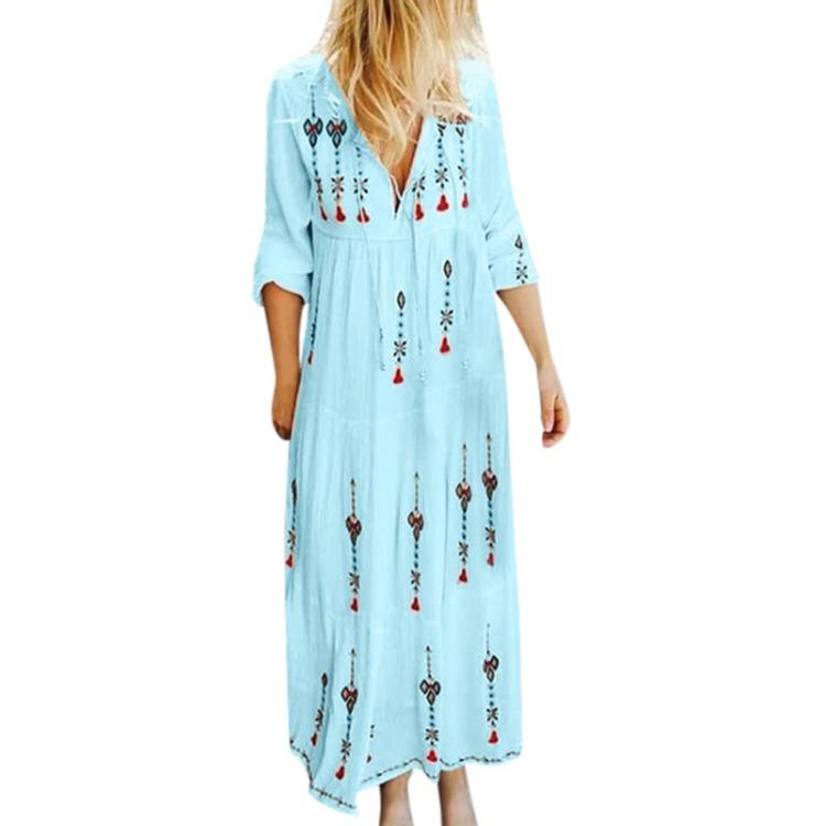 Damenmode Retro V-Ausschnitt Locker Langarm Maxi-Kleid mit Druck