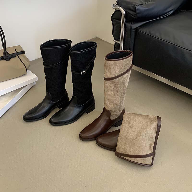 New retro style belt buckle suede splicing western knight boots women's thin thick heels but knee boots