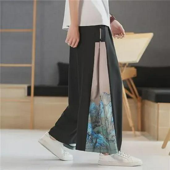 Men's Summer Ice Silk Hanfu Pants: Ancient Style Nine-Point with Chinese Print and Pendant Details.
