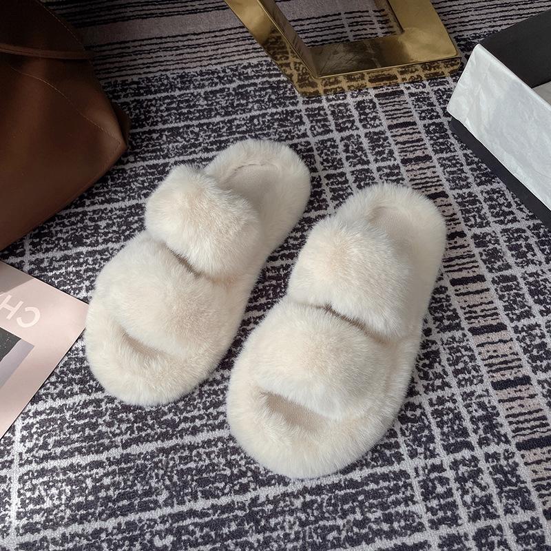 Thick bottom heightening one-word fluffy slippers women's outer wear ins home explosion non-slip versatile autumn and winter cotton slippers