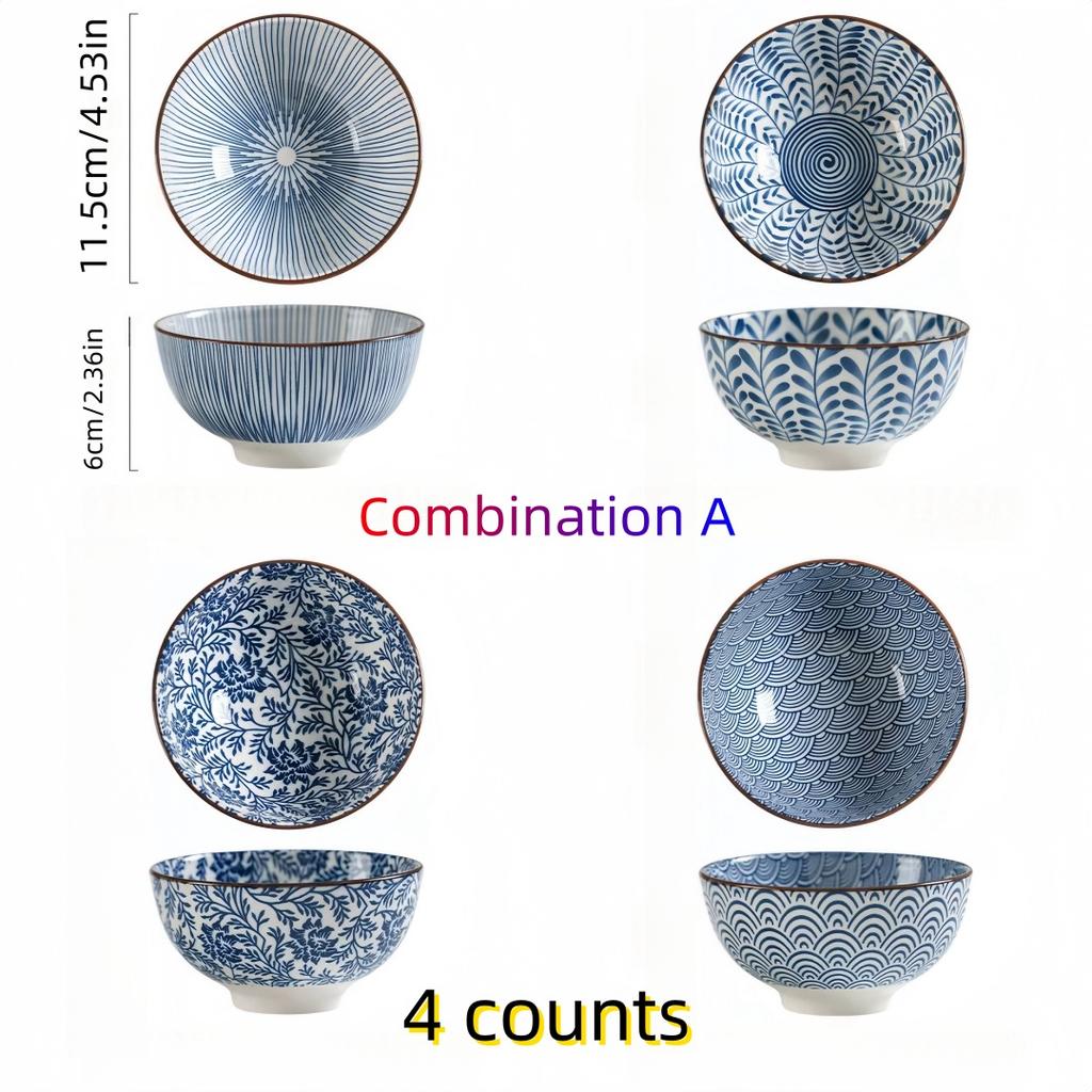 Japanese - Style Blue and White Hand - Painted 4.5 - Inch Ceramic Bowl, Retro - Style Rice Bowl for Home Use.