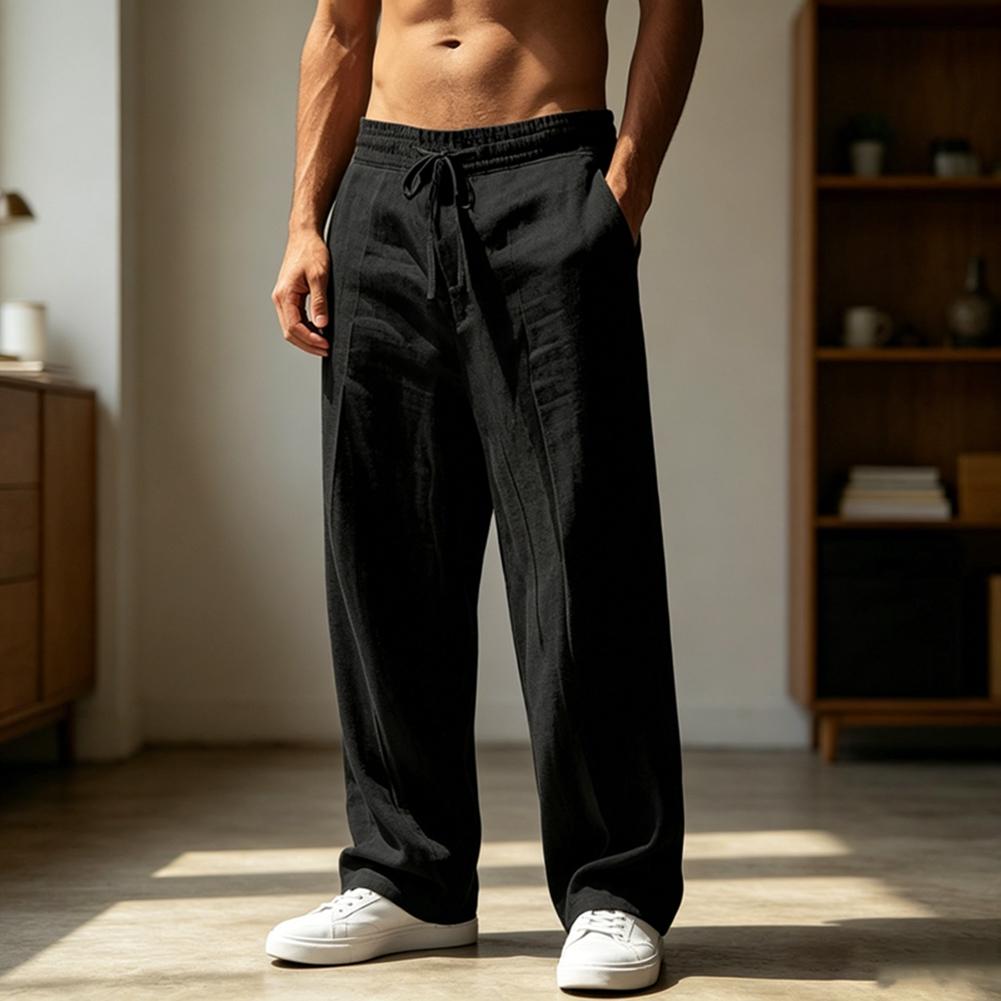 Men s Linen Casual Straight-Leg Trouser,Loose-Fitting Breathable Summer Drawstring Beach Pants 2XL