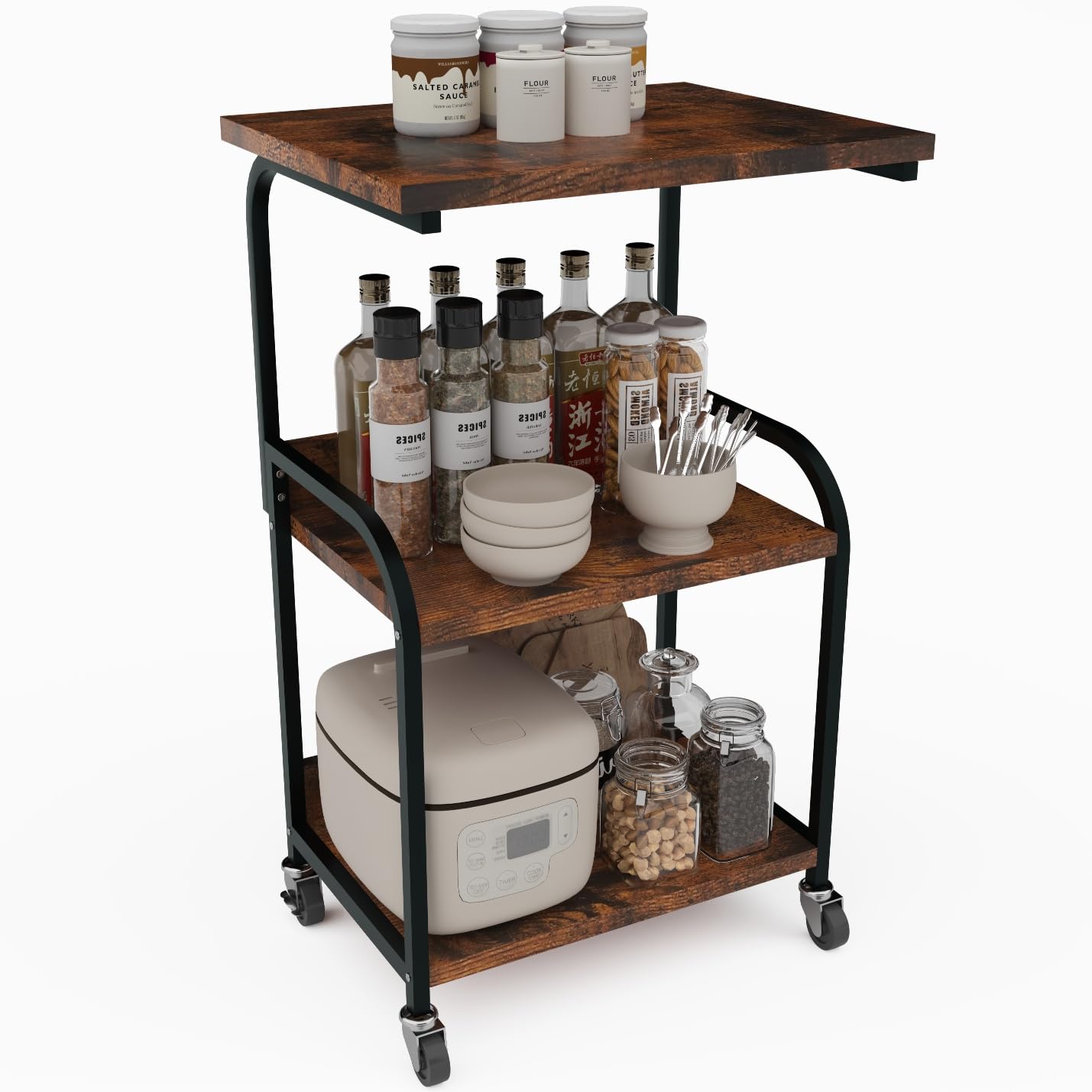 

Embrace Life Kitchen Storage Cart with Casters for Easy Sliding Slim Microwave Vintage Color Cart, Three-Tier Movement, Shelf, Design, Rack,