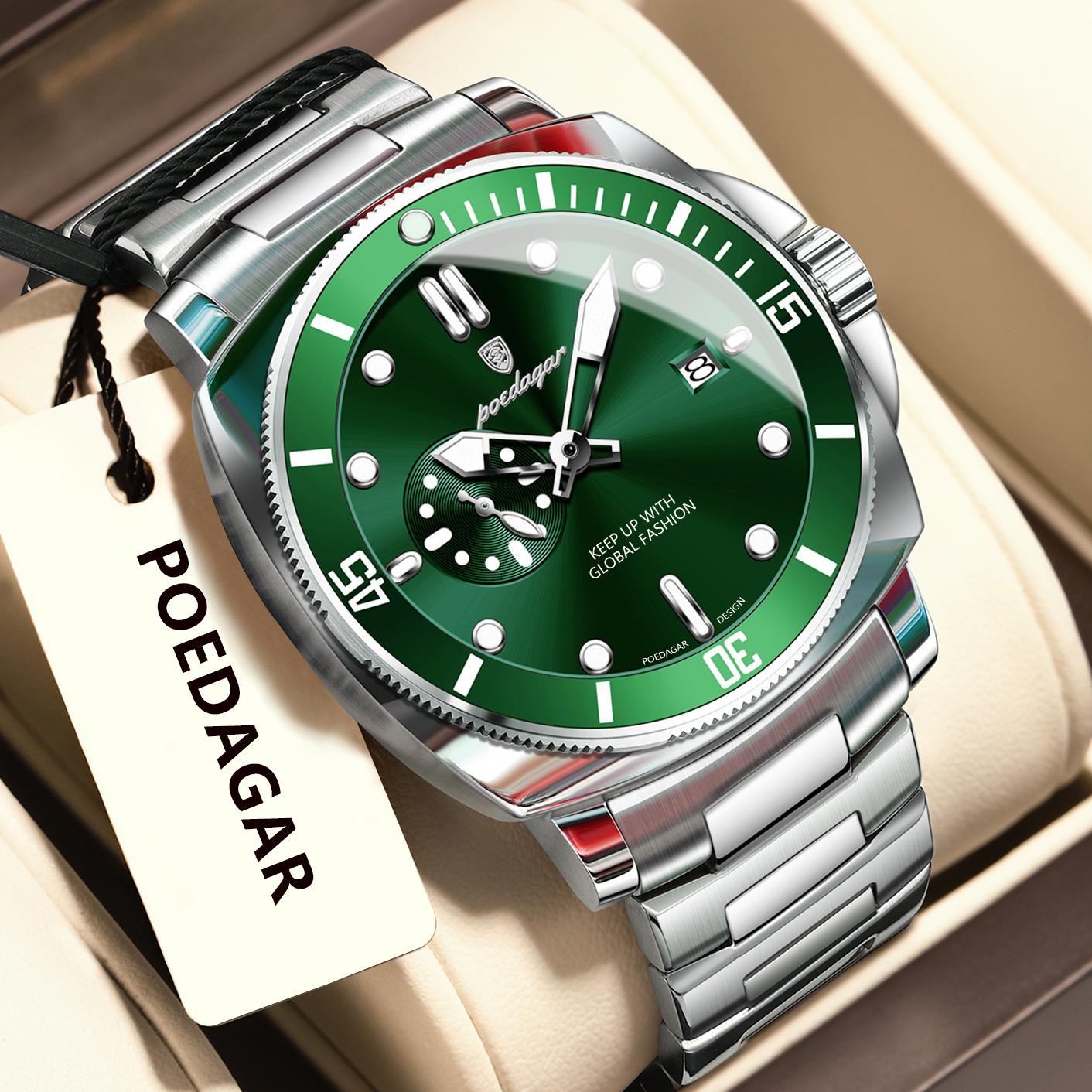 

POEDAGAR Top Fashion Luxury Watch For Men Waterproof Luminous Date Men s Watches Stainless Steel Business Quartz Wristwatch зелений/срібний