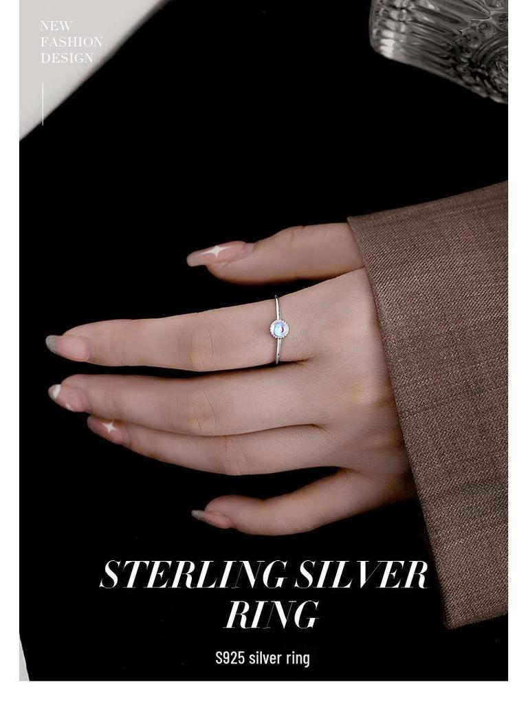 Banyan Tree S925 Silver Adjustable Moonstone Ring for Women – Colorful, Minimalist Design with Thin Round Beads
