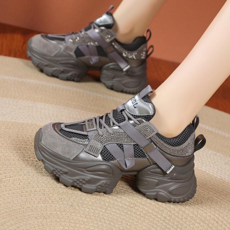 Leather platform dad shoes women's 2025 autumn new mesh breathable small man versatile height increase casual sports shoes