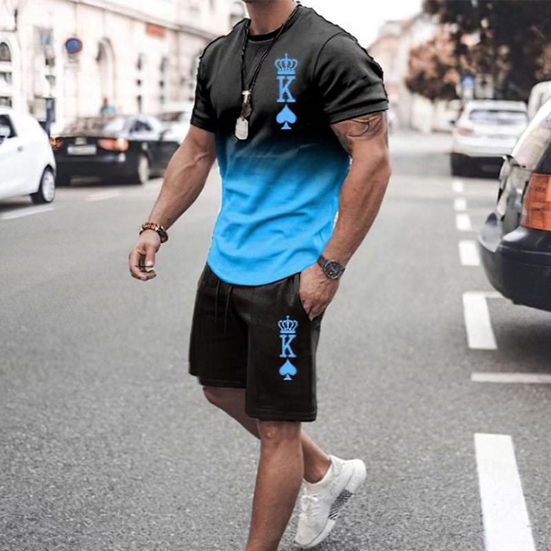 Summer Men Sets 3D Print Letter K Short Sleeve T Shirt Shorts Tracksuit O-neck Men's Suit 2 Piece Causal Man Clothes Sportswear