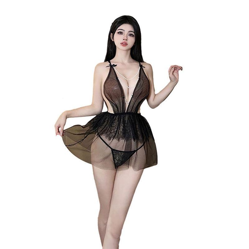 Sexy deep V mesh transparent erotic underwear uniform pearl pure desire suspenders small breasts show big