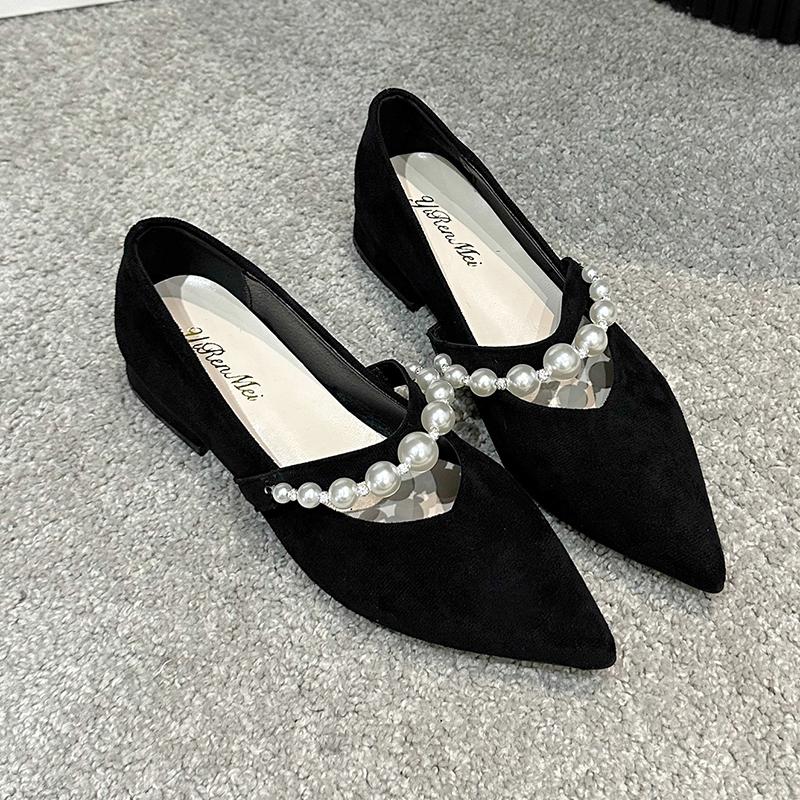 Fashion Spring new coarse heel shoes women's fashion pointed head shallow mouth beaded waterproof non-slip low-top shoes