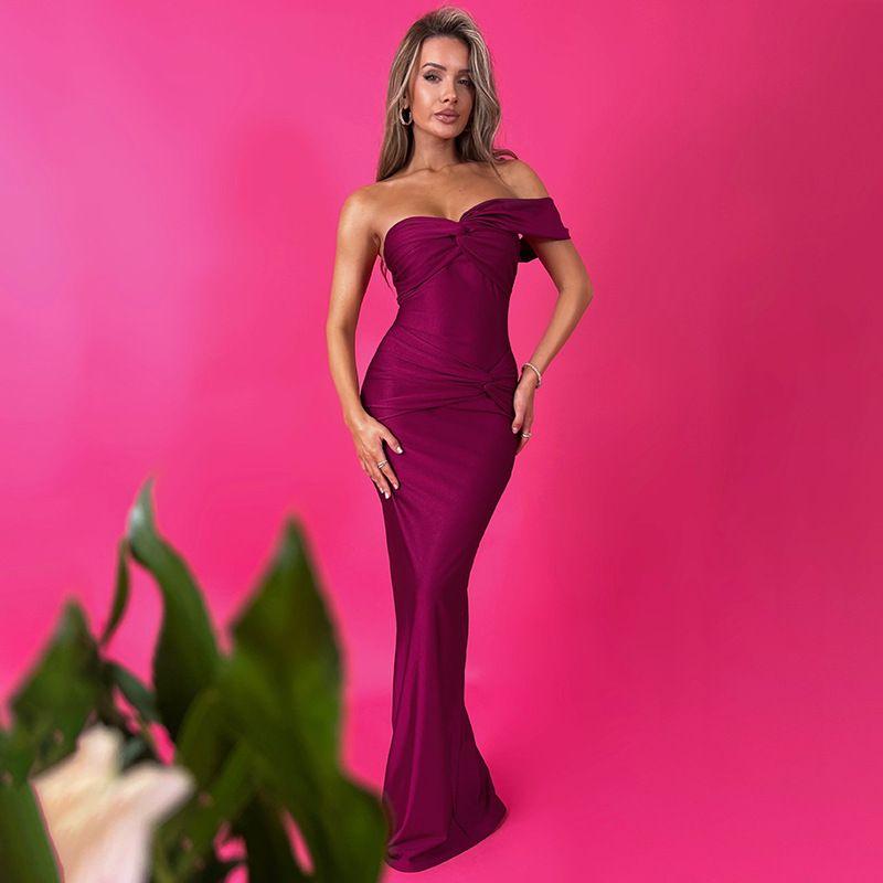 

Fashion Style Ins New Arrival Fashion Shoulder Graceful Tube Top Slim Fit Long Dress Sexy Open Back Hip Bag Patchwork Dress Burgundy S