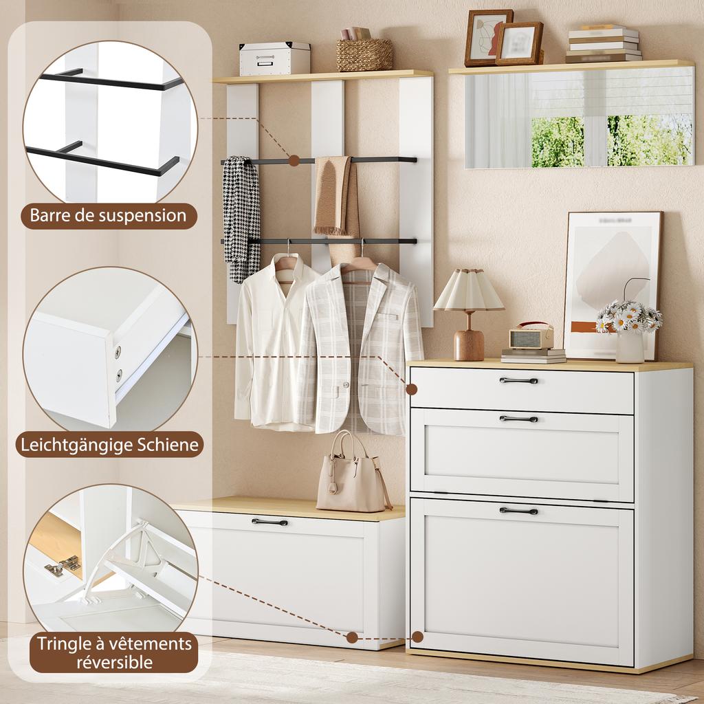 Coat Rack Set, Drawer, Mirror, Shoe Cabinet with Shoe Bench, Can Be Combined, Suitable for Entryway, Living Room, White + Wood Tone, 156x36x176cm