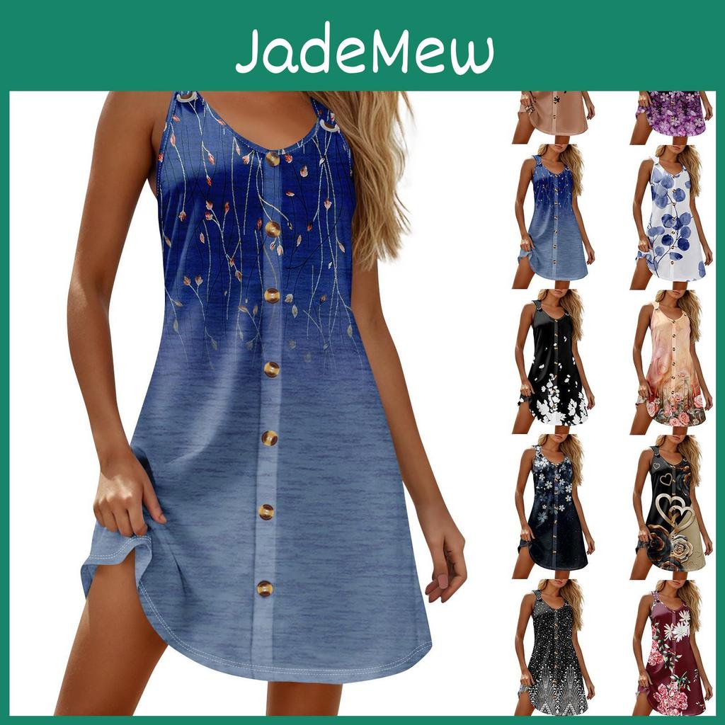 Women Beach Summer Dresses For Boho Sleeveless Printing Tshirt Tank Sundresses