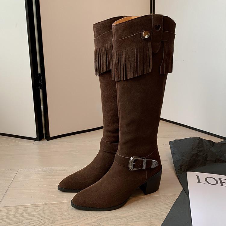 

Европейский и американский стиль, ковбойские сапоги с маленьким круглым носком из антивелюра, новые сапоги до колена на толстом каблуке и среднем каблуке, сапоги с бахромой для женщин 40