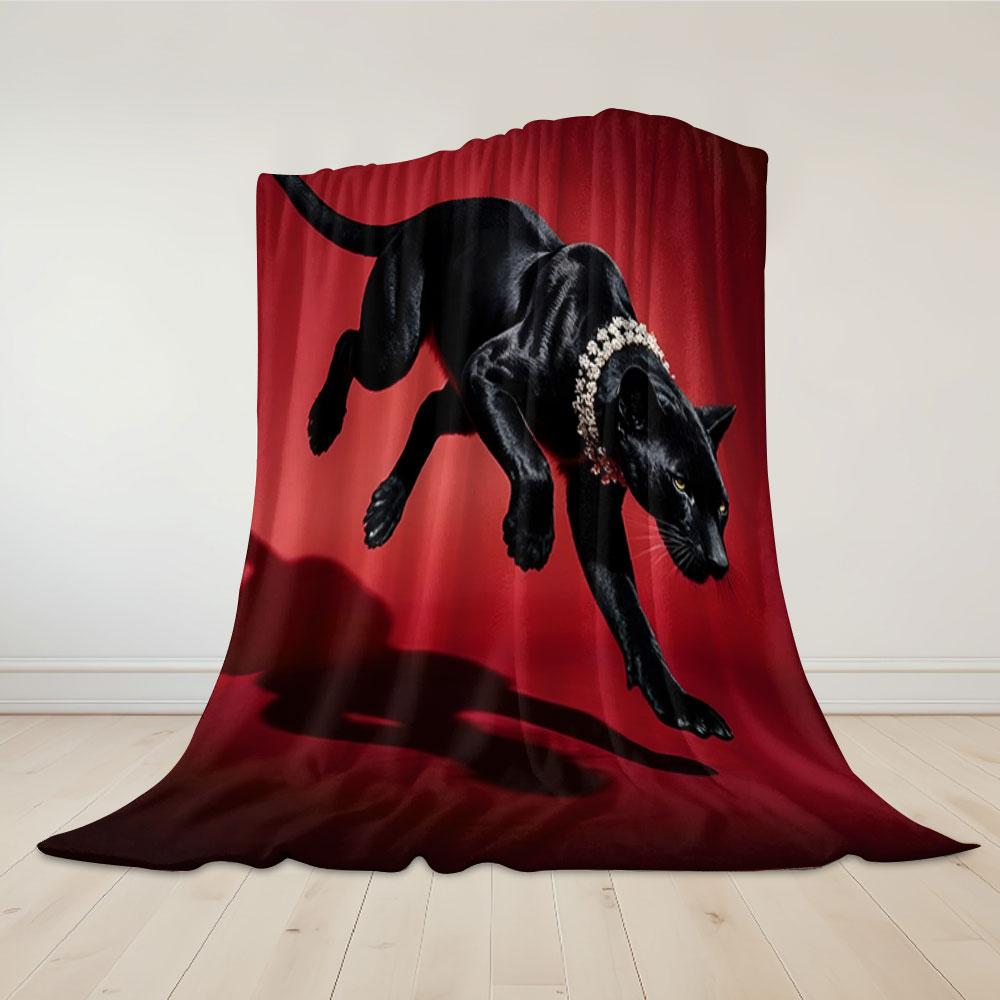 Black Panther Red Background Flannel Blanket Warm Soft Halloween Christmas Couch Warm Cozy Decorative Decor Gift for All Season