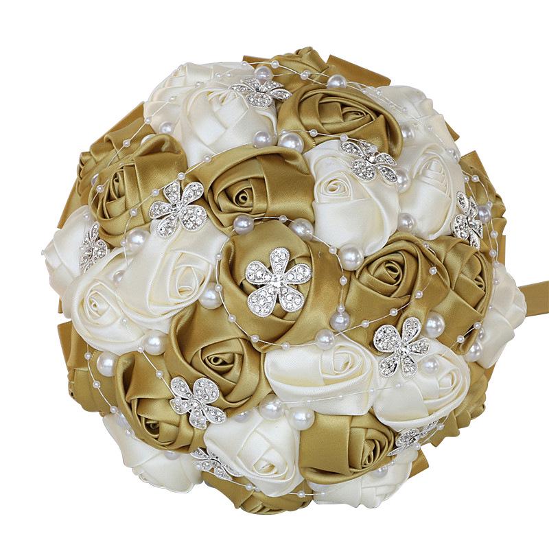 European & American Elegant Ribbon Flower Bridal Bouquet – Beaded Five-Flower Design