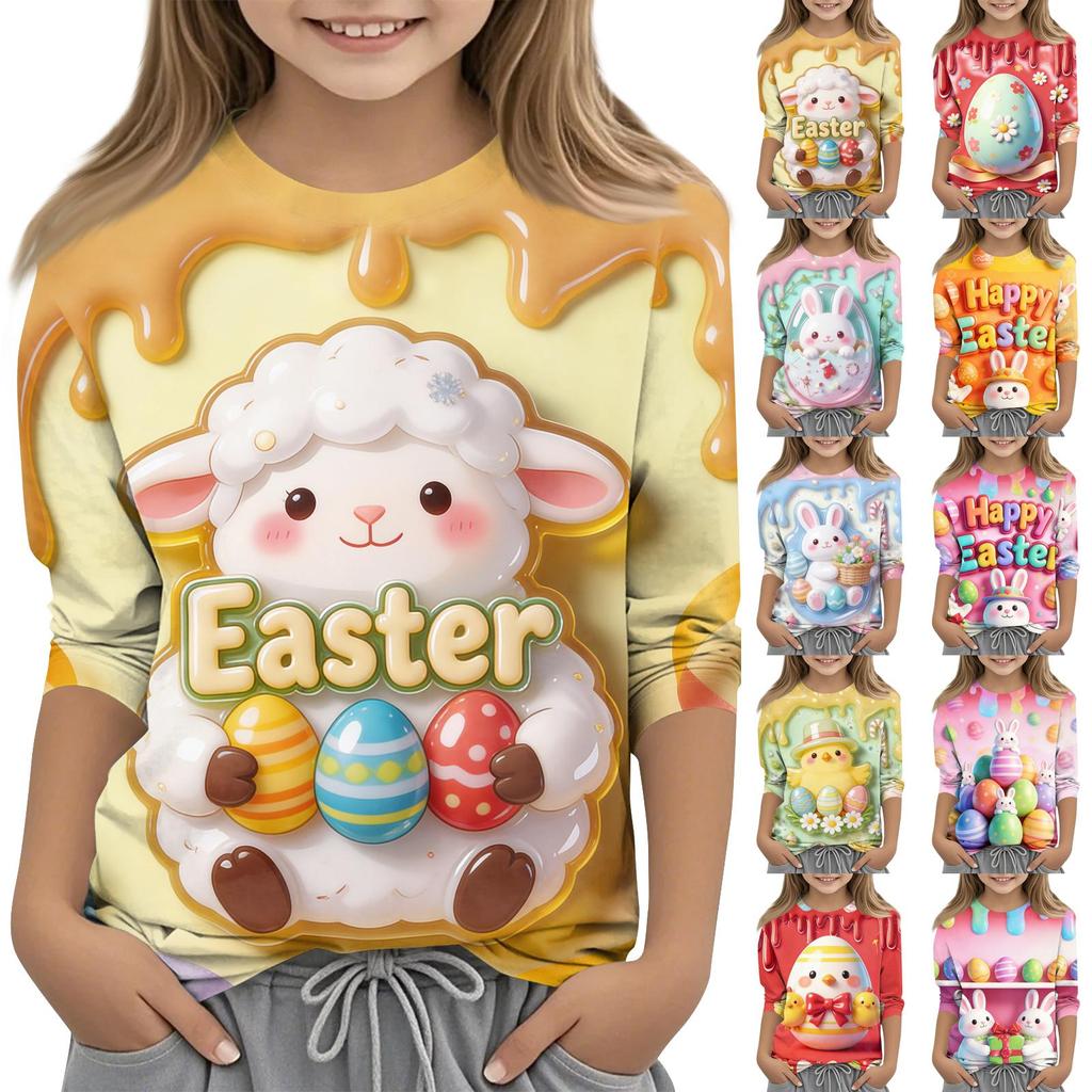 Children's Seven Quarter Sleeve Easter Print Round Neck Print Casual Top