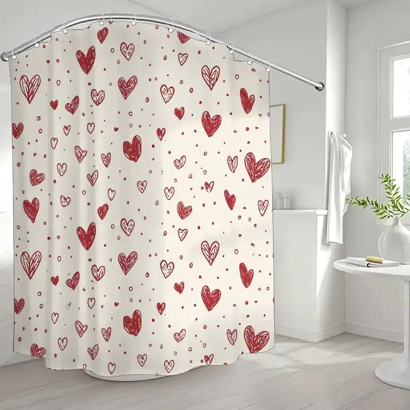 Rotes Herz Duschvorhang Cremefarbener Hintergrund Wasserdicht Schimmelresistent Badewannen-Einsatz Romantische Valentinstags-Dekoration Für Badezimmer Zuhause