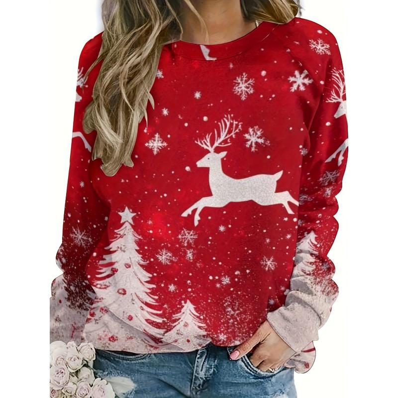 Womens Round Neck Pullover Sweatshirt With 3D Christmas Tree Print Casual Comfort Fit 2025