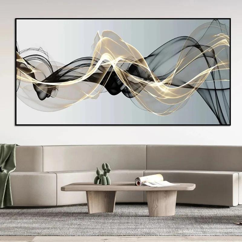 Modern Nordic Abstract Ink Wall Art Canvas Painting Gold and Black Versatile Ribbon Posters Prints Picture for Living Room Decor