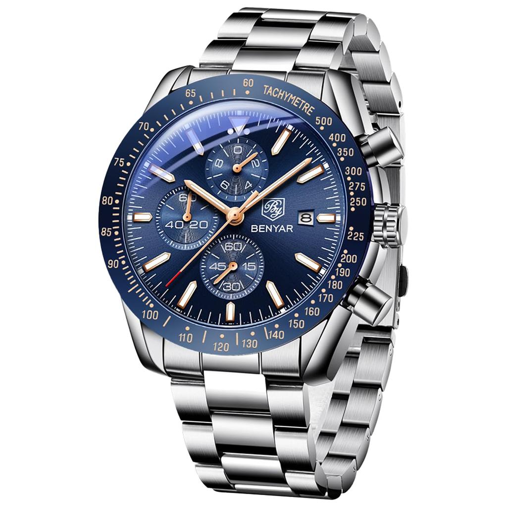 BENYAR Men's Quartz Chronograph Diver's Watch, Silicone Strap, 3 ATM Water Resistance, Tachymeter
