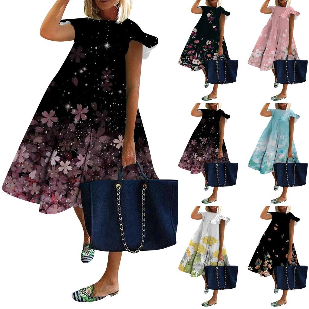 Women's Round Neck Casual Short Sleeve Ruffle-Trim Summer  Dresses