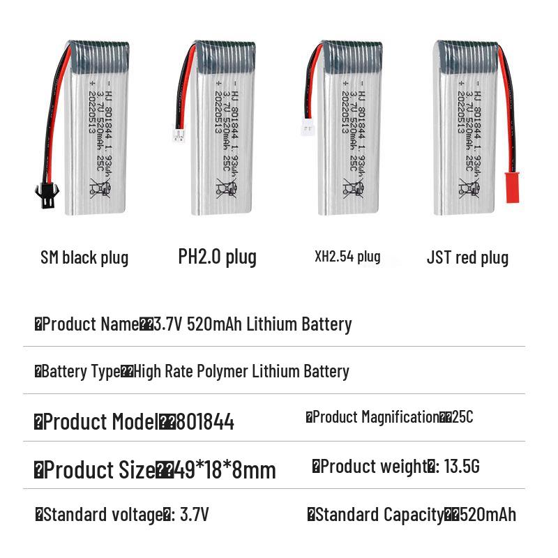 3.7V 520mAh Lithium Battery for H107P Model Aircraft and Remote Control Quadcopter 801844 Drone Accessories