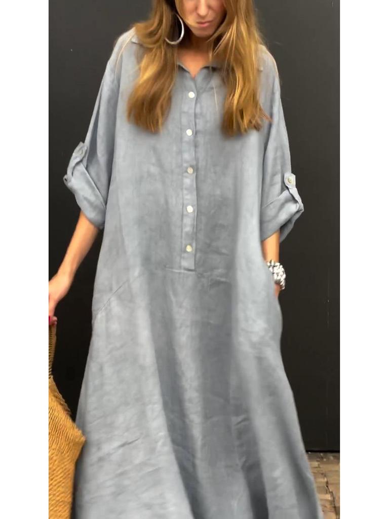2024 Summer Women's Casual Plus Size Cotton Linen Pocket Shirt Collar Dress