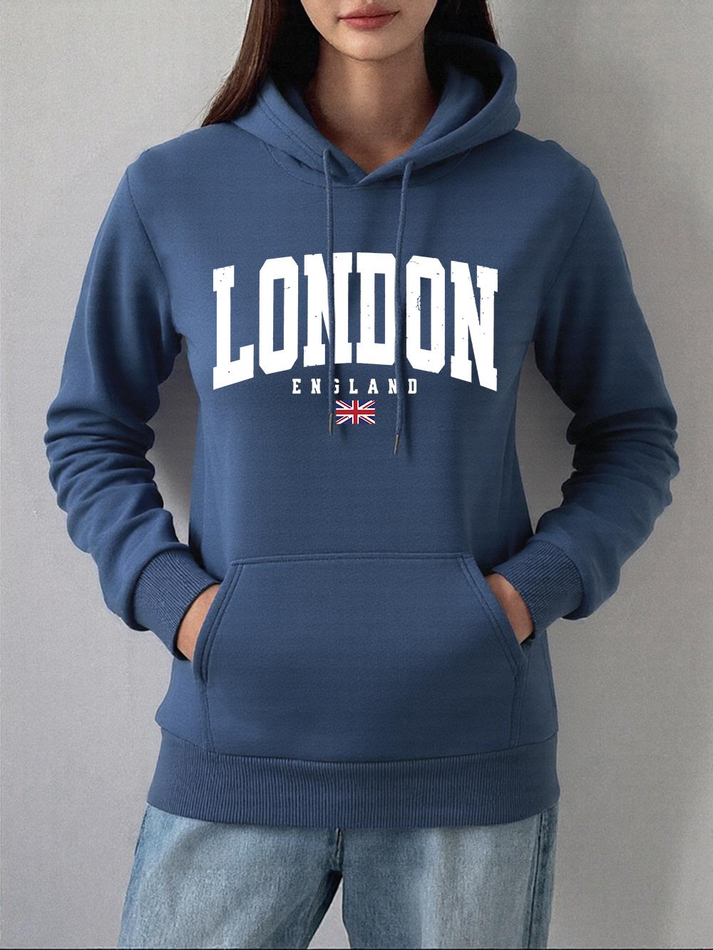 

London England Flag Printing Hoodie Women Casual Pocket Sweatshirts Winter Fleece Warm Pullovers Basics Sporty Woman Clothes M