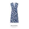 Jnleaog Spring New Arrival Women's Clothing Fashion V Neck Sleeveless Ruched Waist Flower Print Dress 17031