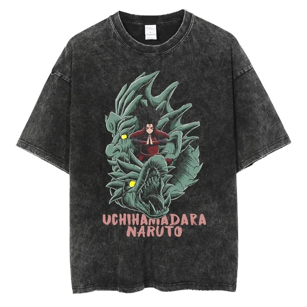 Men Short Sleeve T Shirt Naruto Anime Print Vintage T-Shirt Cotton Black Washed Oversized Tops Tees Fashion Harajuku Streetwear Clothing