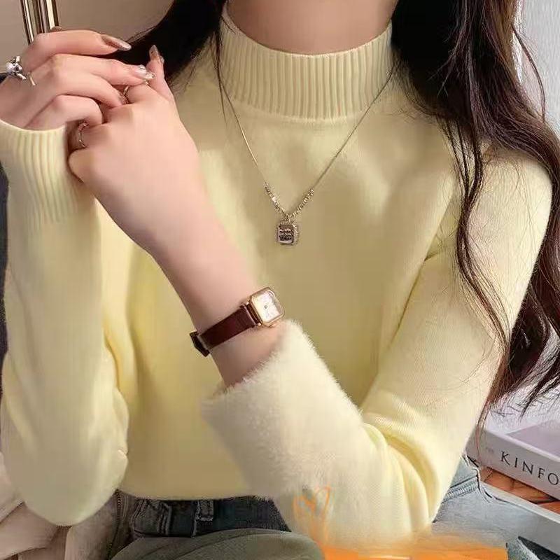 Jednodílný fleecový svetr pro ženy Pulovr s polovyvýstřihem Pletený top pro ženy s přidaným fleecem a zateplením Podzim a zima