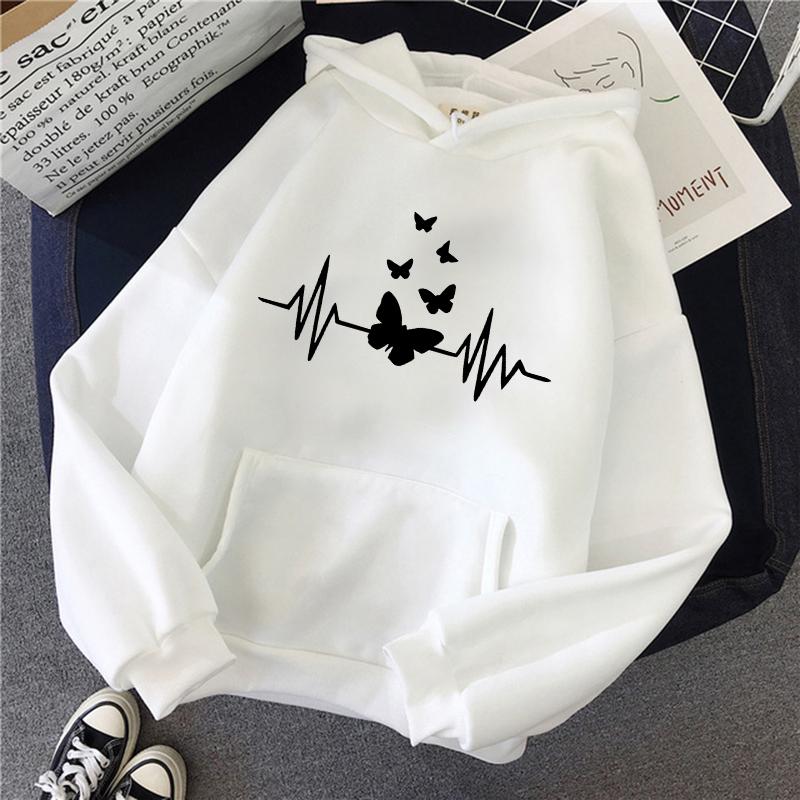 Fashion Butterfly and Heartbeat Graphic Print Kangaroo Pocket Hoodies Women's Autunm Winter Sweatshirts Hooded Clothes