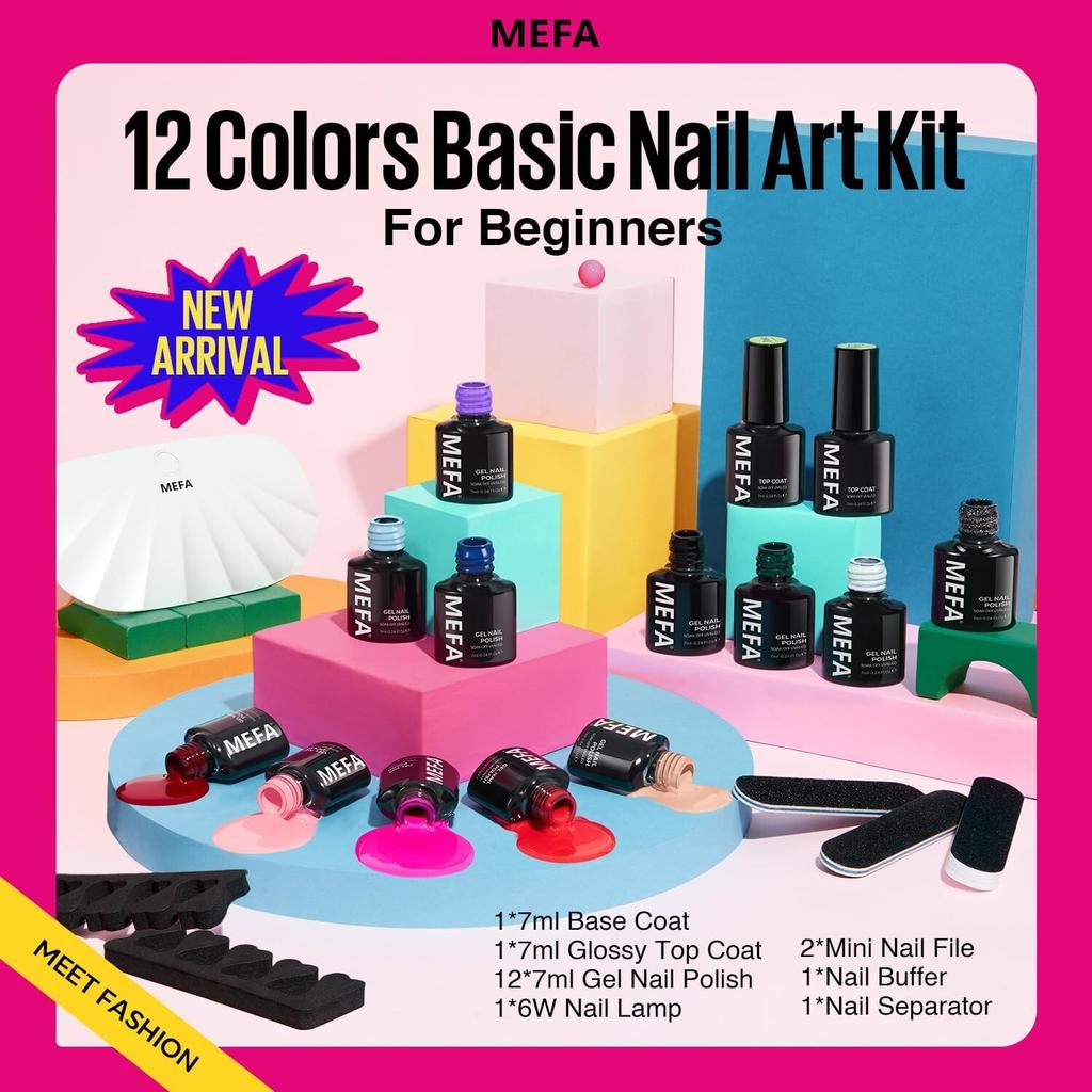 MEFA Nail Art Set 12 Colors Gel Polish UV 7ml, 6W UV Lamp, Manicure Accessories Kit, DIY Home Gifts