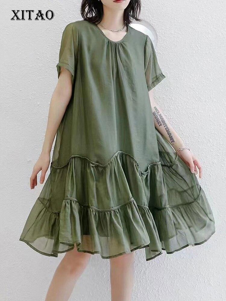 

XITAO прозрачное марлевое платье со складками и рюшами по подолу, простое однотонное повседневное женское платье WLD16416