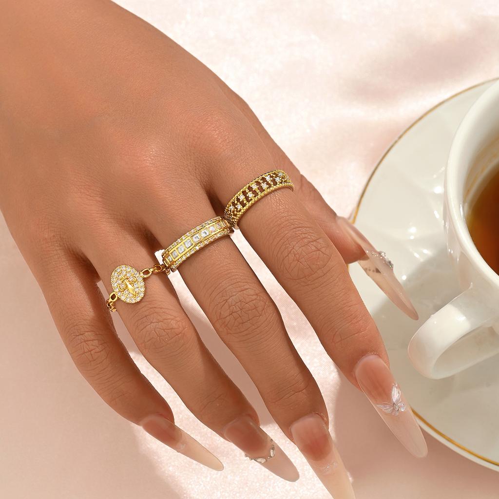 Dainty Gold Color Ring Minimalist CZ Paved Chain Link & Textured Adjustable Open Rings For Women Everyday & Casual Wear