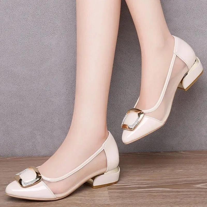 WTEMPO Rhinestone Low Thick Heel Mesh Singe Faux Leather Shoes Women Mesh Breathable Versatile Solid Color Cool Pumps