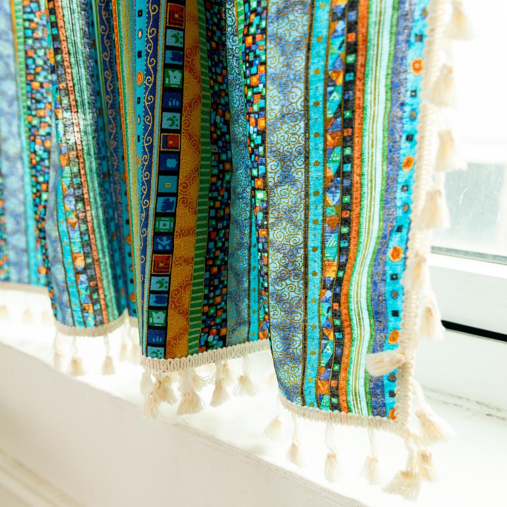 American Cotton And Linen Printed Curtains Finished Non-Punching Rural Kitchen Hanging Curtains Colored Fringed Coffee Short Curtains