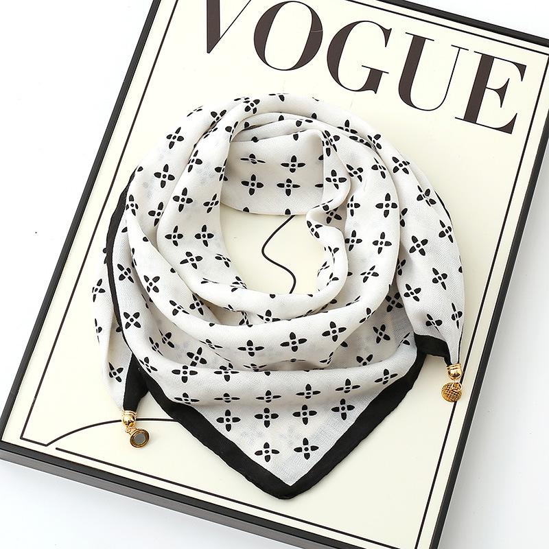 Women's 65" Silk Square Scarf with Magnetic Buckle – Autumn/Winter Print, Fashionable & Versatile Triangle Snood