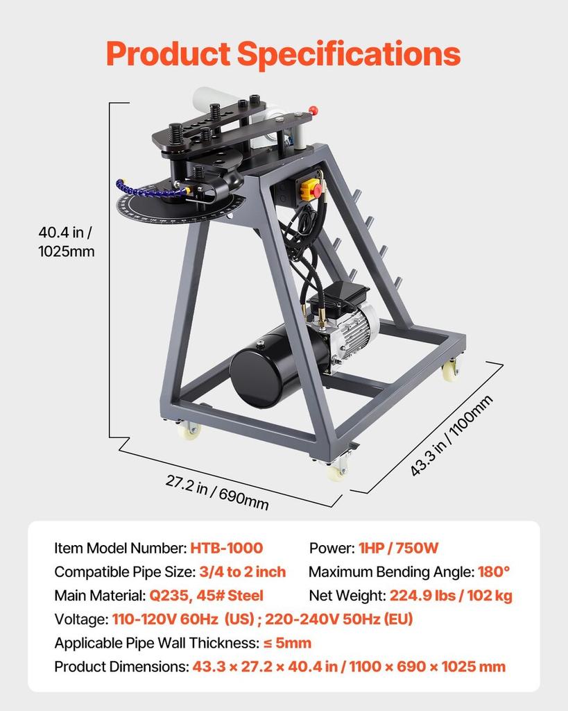 Electric Tube Bending Machine 750W Pipes Bender with 6L Hydraulic Cylinder
