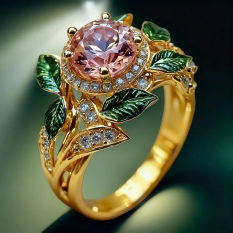 Delicate Bright Pink Zircon Lady Green Leaf Oil Drop Flower Plant Ring Gift
