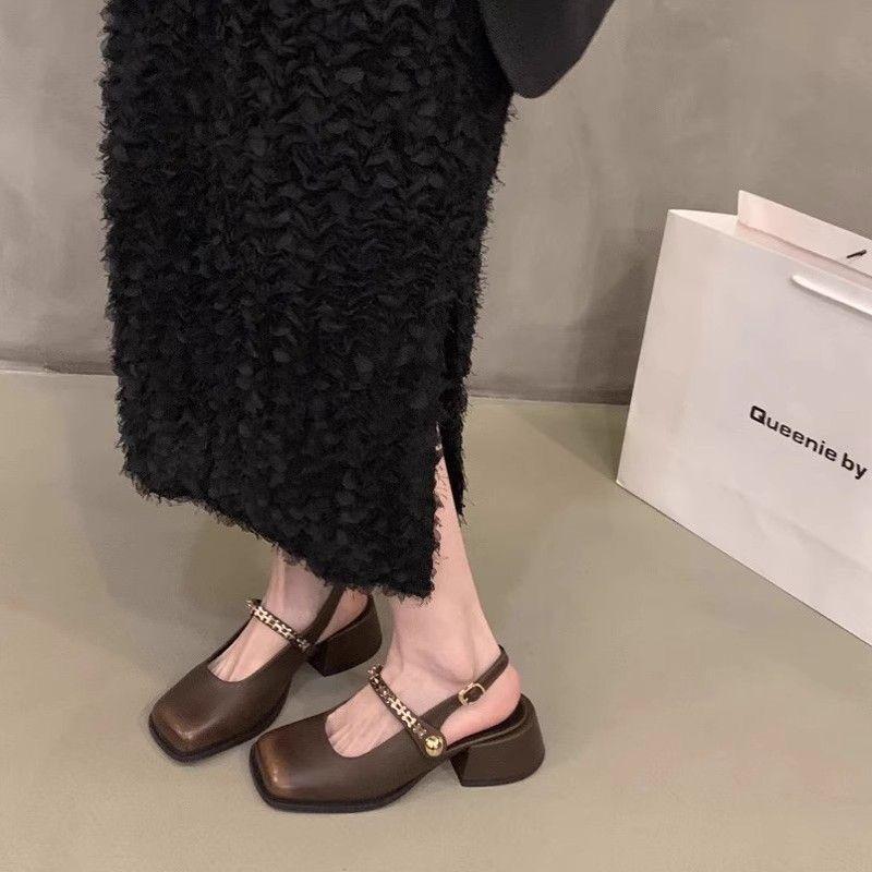Temperament Coarse Heel Mary Jane Shoes 2024 New Summer Shallow Mouth Single Shoes Back Empty One-word Buckle Strap Square Head High Heels