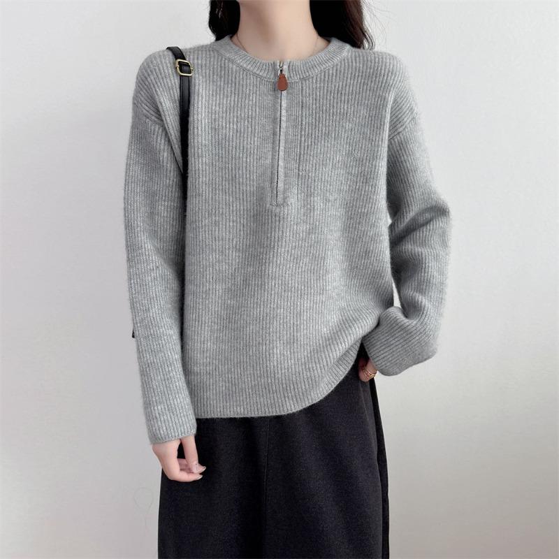Lazy wind semi-zipper knitted bottoming shirt autumn and winter new high-end round neck pullover sweater women's outer top women