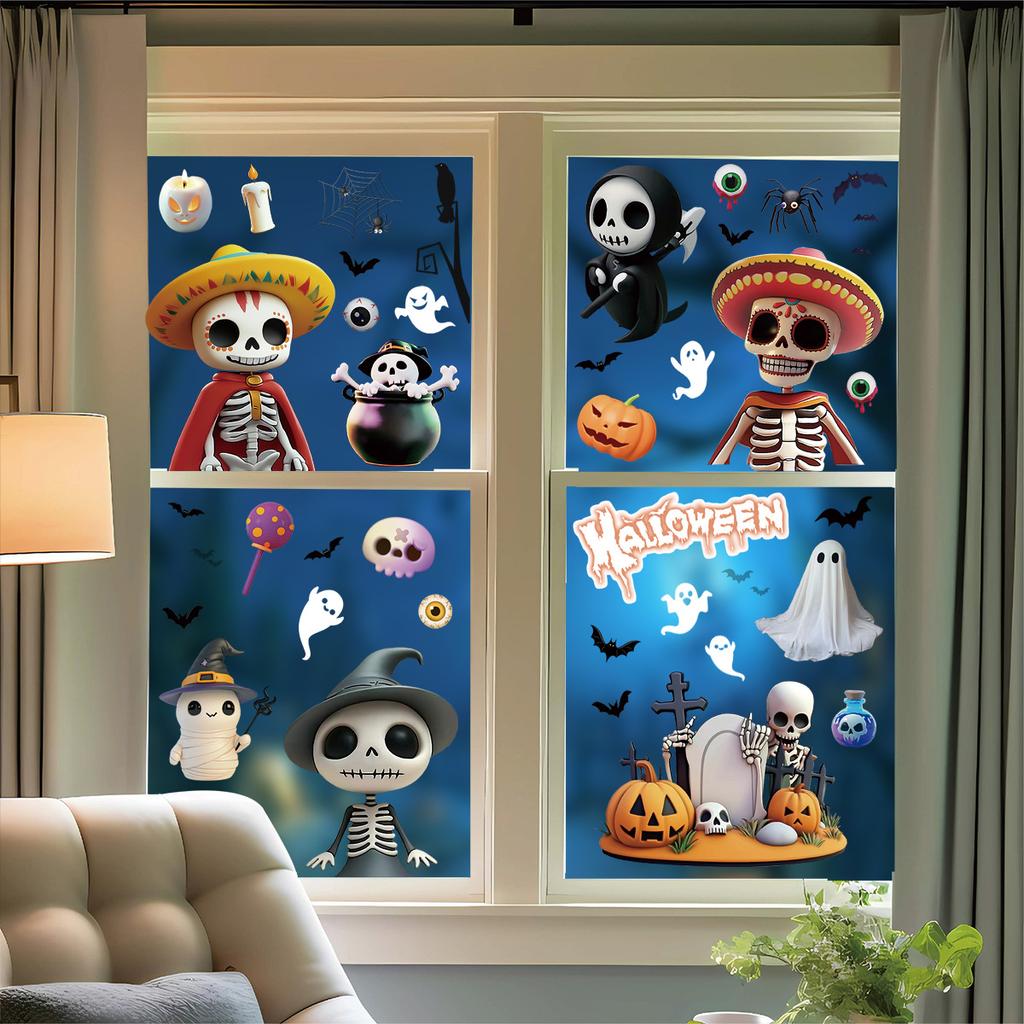 Halloweenská statická okenní dekorace 3D Kostlivec Netopýr Dýně Samolepky na okna Party potřeby