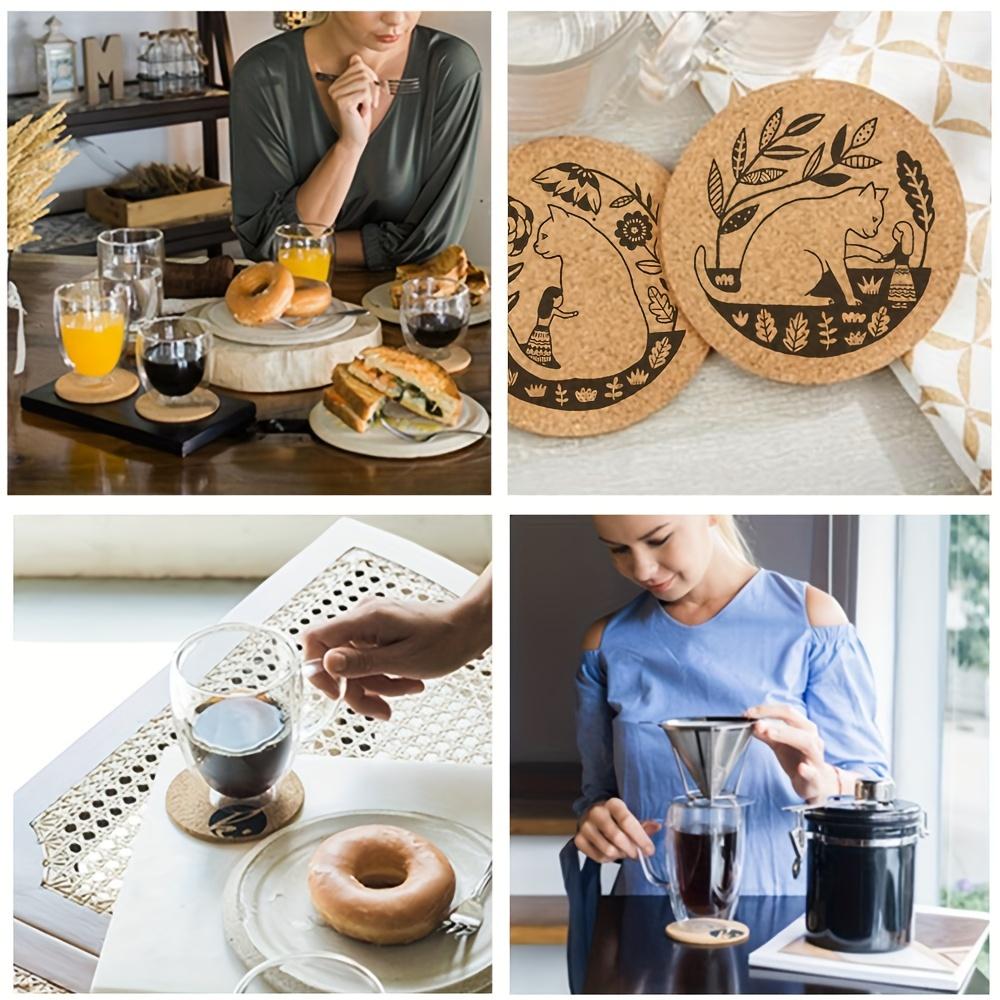4pcs Natural Wooden Mat Cork Coaster Engraved Lovely Cat Girl Pattern Coffee Cup Mug Drinks Holder Tableware Round Drink Coaster