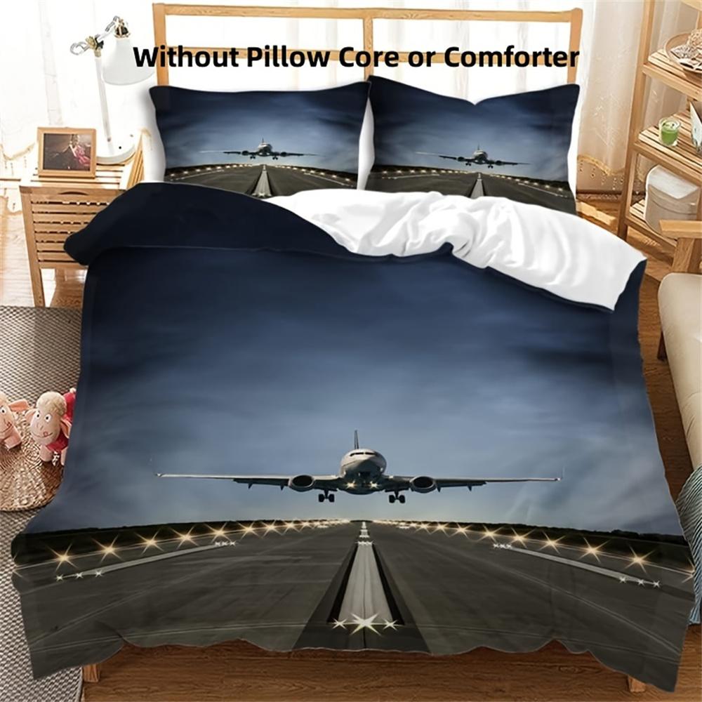 

Airplane Runway Digital Print Duvet Cover Set with Pillowcases-Breathable Polyester Fabric All-Season Zipper Closure Bedding Set Set&Eu Twin 135x200cm