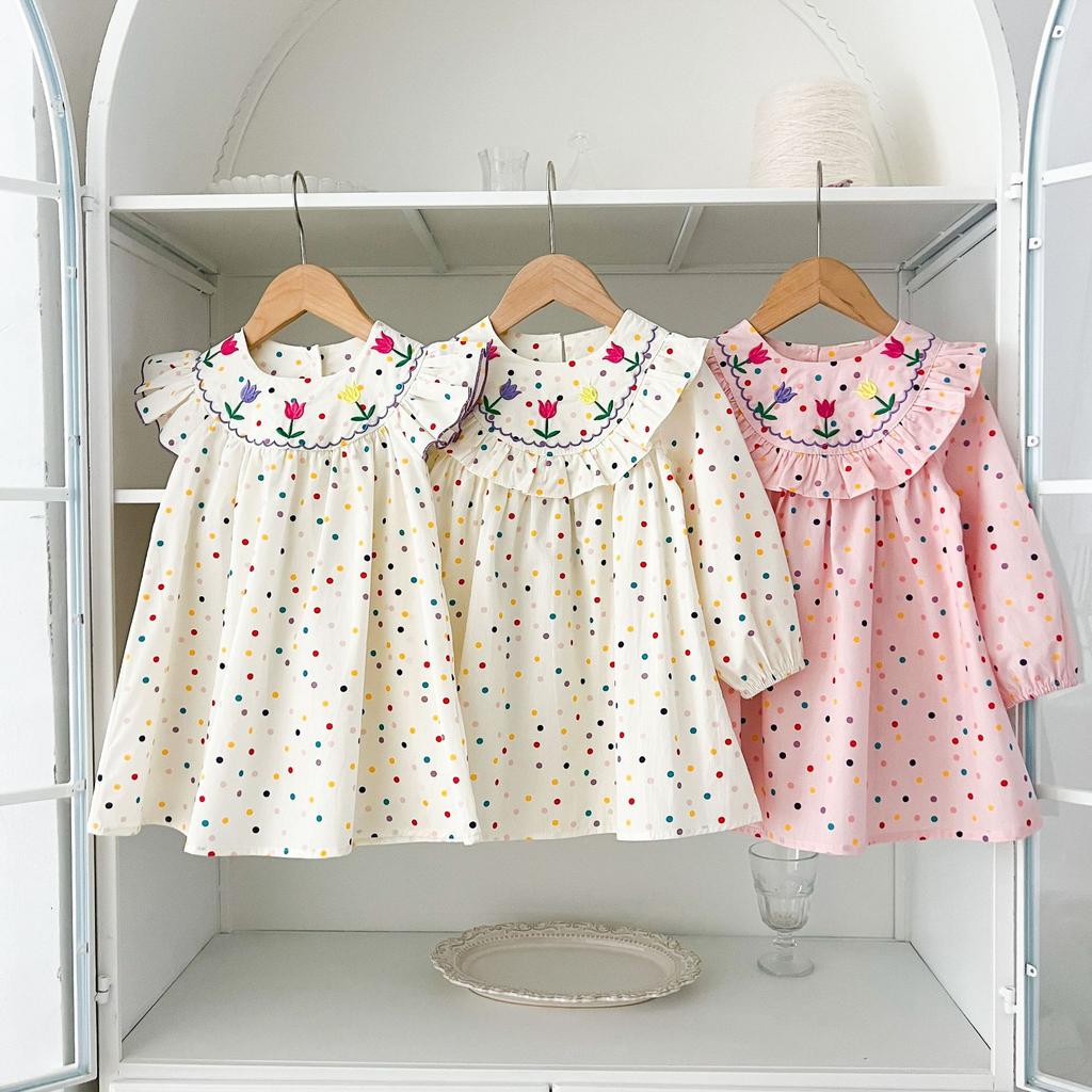 Girls Summer Cotton Polka Dot Princess Dress With Embroidered Flowers Flutter Sleeve Baby Girl Sweet Breathable Party Dress